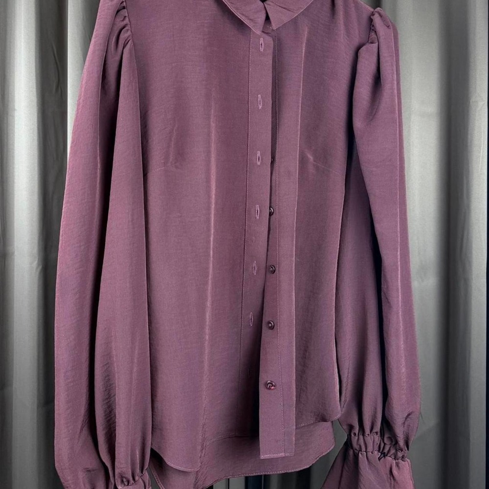 ASOS DESIGN Burgundy Puffed Sleeve Front Tie Button Up Blouse Top Womens US 6